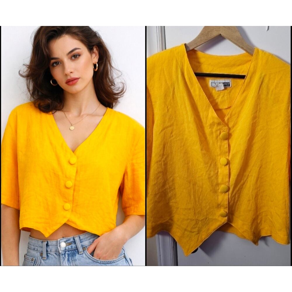 VTG 90s CM Shapes Yellow Cropped Blouse Size 2X Retro Colorful 80s Momcore